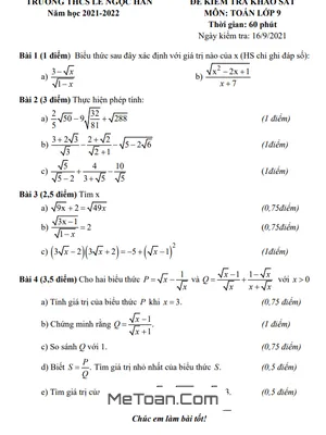 Đề khảo sát Toán 9 năm 2021 - 2022 trường THCS Lê Ngọc Hân - Hà Nội