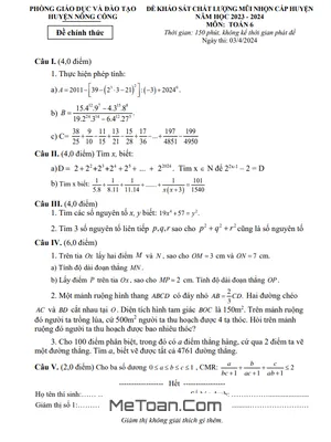 Đề KSCL Mũi Nhọn Toán 6 Năm 2023 - 2024 Phòng GD&ĐT Nông Cống - Thanh Hóa