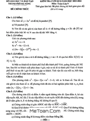 Đề kiểm tra cuối kì 2 Toán 9 năm 2023 - 2024 sở GD&ĐT Đà Nẵng