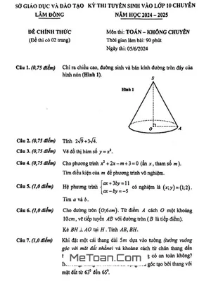 Đề thi tuyển sinh lớp 10 môn Toán (không chuyên) năm 2024 - 2025 Sở GD&ĐT Lâm Đồng