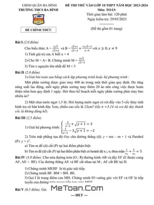 Đề thi thử Toán vào lớp 10 năm 2023 - 2024 trường THCS Ba Đình - Hà Nội