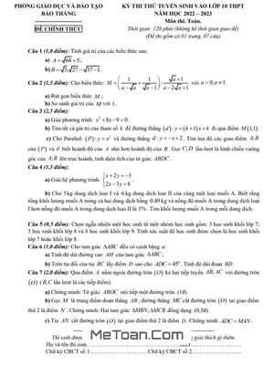 Đề thi thử Toán vào lớp 10 năm 2022 - 2023 phòng GD&ĐT Bảo Thắng - Lào Cai