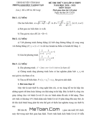 Đề thi thử vào lớp 10 môn Toán năm 2020 – 2021 phòng GD&ĐT Vĩnh Bảo – Hải Phòng