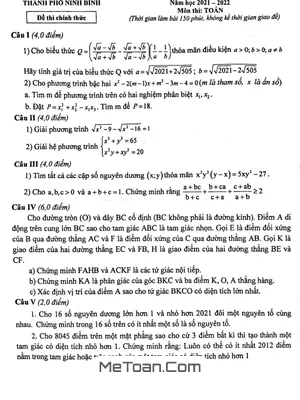 Đề thi học sinh giỏi Toán 9 năm 2021 - 2022 phòng GD&ĐT thành phố Ninh Bình