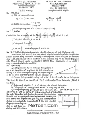 Đề thi học kì 1 Toán 9 năm 2024 - 2025 phòng GD&ĐT Ba Đình - Hà Nội