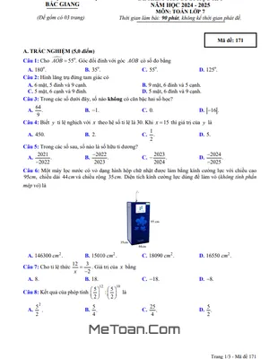 Đề kiểm tra cuối kì 1 Toán 7 năm 2024 - 2025 sở GD&ĐT Bắc Giang