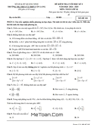 Đề thi học kỳ 1 Toán 10 năm 2024 - 2025 trường Văn Lang - Quảng Ninh