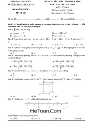 Đề khảo sát Toán 12 lần 1 năm 2024 - 2025 trường THPT Triệu Sơn 3 - Thanh Hóa
