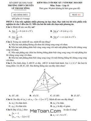 Đề thi học kỳ 1 Toán 11 năm 2024 - 2025 trường chuyên Lê Thánh Tông - Quảng Nam