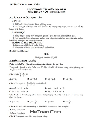 Đề Cương Ôn Tập Giữa Kì 2 Toán 7 Năm 2024 - 2025 Trường THCS Long Toàn - BR VT