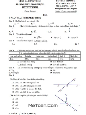 Đề Tham Khảo Cuối Kỳ 1 Toán 7 Năm Học 2025 – 2026 Trường THCS Đông Thạnh – TP HCM