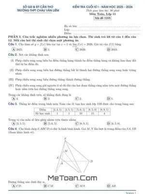 Đề thi học kì 1 môn Toán 11 năm học 2025 - 2026 trường THPT Châu Văn Liêm - Cần Thơ