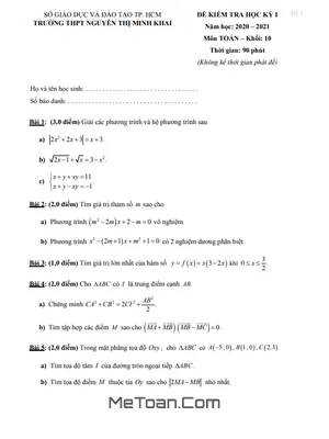 Đề thi HK1 Toán 10 năm 2020 - 2021 trường THPT Nguyễn Thị Minh Khai - TP HCM