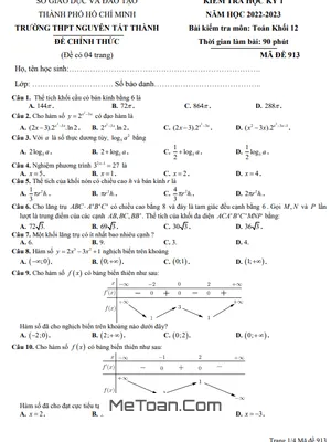 Đề thi học kỳ 1 Toán 12 năm 2022 - 2023 trường THPT Nguyễn Tất Thành - TP HCM