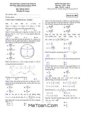 Đề thi học kì 1 Toán 12 năm 2019 - 2020 trường Hoàng Hoa Thám - TP HCM có lời giải