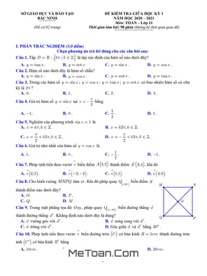 Đề kiểm tra giữa kỳ 1 Toán 11 năm 2020 - 2021 Sở GD&ĐT Bắc Ninh
