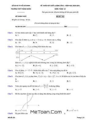 Đề khảo sát Toán 12 lần 3 năm 2020 – 2021 trường THPT Thành Nhân – TP HCM
