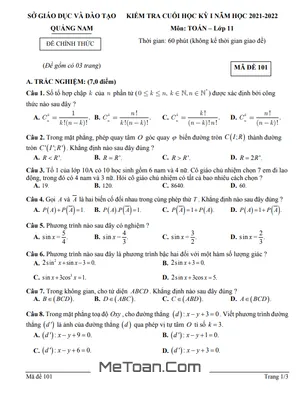 Đề kiểm tra cuối kỳ 1 Toán 11 năm 2021 - 2022 sở GD&ĐT Quảng Nam