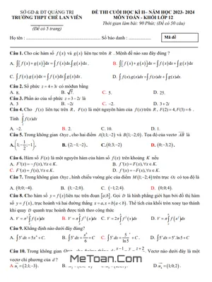 Đề thi cuối kì 2 Toán 12 năm 2023 - 2024 trường THPT Chế Lan Viên - Quảng Trị
