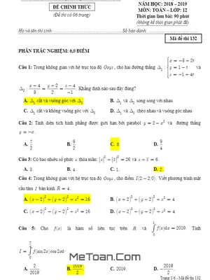 Đề thi học kì 2 Toán 12 năm 2018 - 2019 trường THPT Thực Hành Sài Gòn - TP HCM