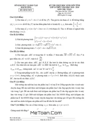 Đề thi HSG tỉnh Toán 10 THPT năm 2018 - 2019 sở GD&ĐT Hải Dương