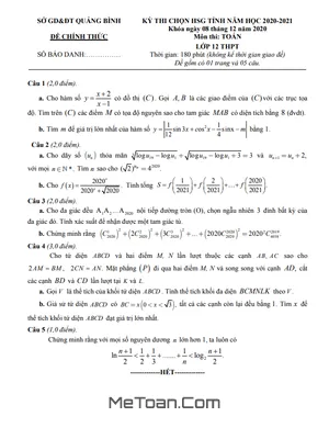 Đề thi chọn HSG tỉnh Toán 12 năm 2020 - 2021 sở GD&ĐT Quảng Bình