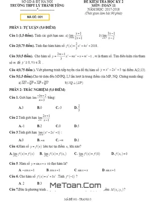 Đề thi học kỳ 2 Toán 11 năm 2017 - 2018 trường Lý Thánh Tông - Hà Nội (có đáp án)