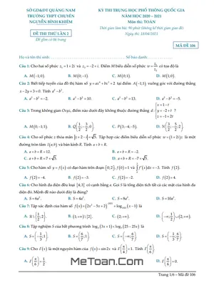 Đề thi thử Toán THPT 2021 lần 2 trường chuyên Nguyễn Bỉnh Khiêm – Quảng Nam