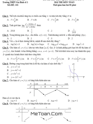 Đề thi thử Toán THPTQG 2018 trường THPT Gia Bình số 1 - Bắc Ninh lần 3 có đáp án