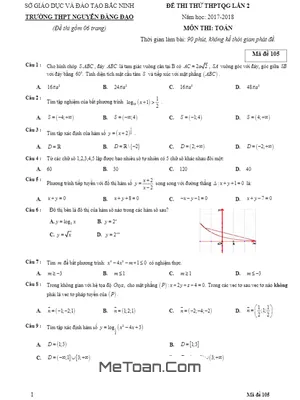 Đề thi thử Toán THPT Quốc gia 2018 trường Nguyễn Đăng Đạo – Bắc Ninh lần 2 có đáp án