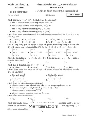 Đề thi thử THPT Quốc gia 2017 môn Toán sở GD và ĐT Thanh Hóa