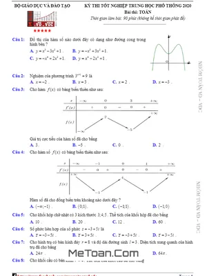 Đề thi Tốt nghiệp THPT năm 2020 môn Toán - MeToan.Com