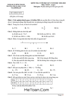 Đề Tham Khảo Cuối Kỳ 1 Toán 6 Năm 2022 - 2023 Trường THCS Cù Chính Lan - TP HCM