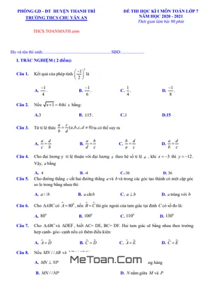 Đề thi học kì 1 Toán lớp 7 năm 2020 - 2021 trường THCS Chu Văn An - Hà Nội
