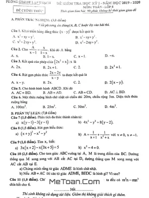 Đề thi học kỳ 1 Toán 8 năm 2019 - 2020 phòng GD&ĐT Lập Thạch - Vĩnh Phúc