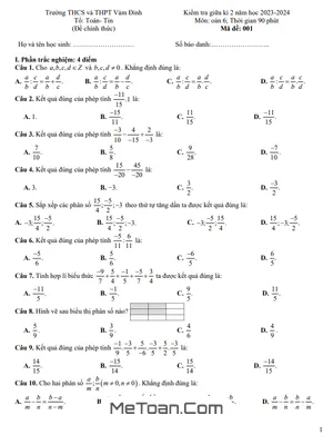Đề thi giữa kì 2 Toán lớp 6 năm 2023 - 2024 trường THCS&THPT Vàm Đình - Cà Mau