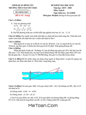 Đề Thi Học Kì 2 Toán 8 Năm 2019 - 2020 Trường THCS Nguyễn Trãi - TP.HCM