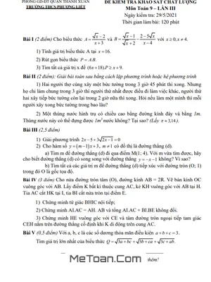 Đề khảo sát chất lượng Toán 9 lần 3 năm 2021 trường THCS Phương Liệt – Hà Nội