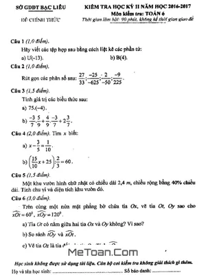 Đề thi HK2 môn Toán lớp 6 năm học 2016 - 2017 Sở GD&ĐT Bạc Liêu