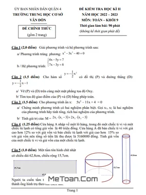 Đề thi học kì 2 Toán lớp 9 năm 2022 - 2023 trường THCS Vân Đồn - TP HCM