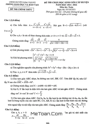 Đề thi HSG Toán 9 cấp huyện năm 2021 - 2022 phòng GD&ĐT Kim Thành, Hải Dương