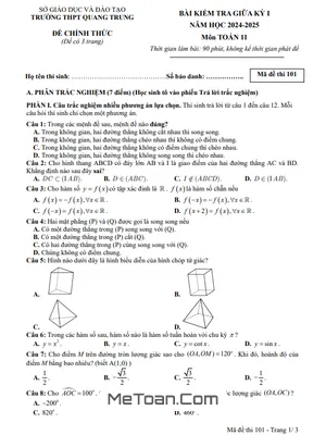 Đề Thi Giữa Kỳ 1 Toán 11 Năm 2024 - 2025 Trường THPT Quang Trung - Gia Lai