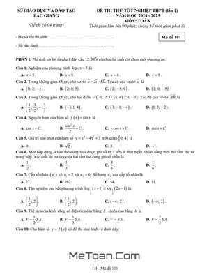 Đề thi thử tốt nghiệp THPT 2025 lần 1 môn Toán sở GD&ĐT Bắc Giang