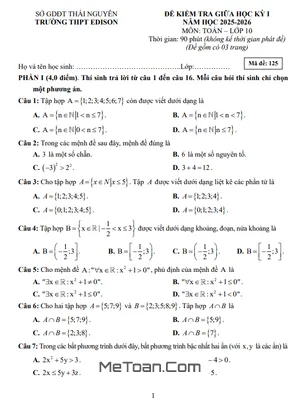 Đề Giữa Kỳ 1 Toán 10 Năm 2025 – 2026 Trường THPT Edison – Thái Nguyên