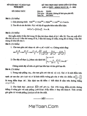 Đề thi HSG tỉnh Toán 11 năm 2021-2022 - Sở GD&ĐT Bình Định