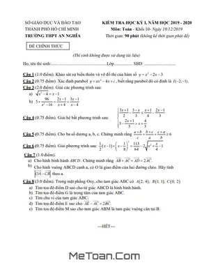 Đề thi học kì 1 Toán 10 năm 2019 - 2020 trường THPT An Nghĩa - TP HCM