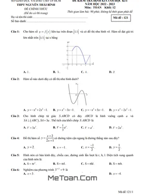 Đề thi học kì 1 Toán 12 năm 2022 - 2023 trường THPT Nguyễn Thái Bình - TP.HCM (có đáp án)