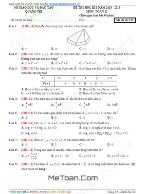 Đề thi HK1 Toán 12 năm học 2018 - 2019 Sở GD&ĐT Quảng Trị