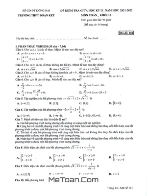 Trọn bộ Đề thi giữa kì 2 Toán 10 năm 2021 - 2022 trường THPT Đoàn Kết - Đồng Nai