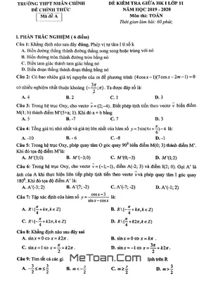 Đề thi giữa kì 1 Toán 11 năm 2019 - 2020 trường THPT Nhân Chính - Hà Nội